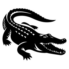 Black and white stylized alligator with an open mouth and sharp teeth