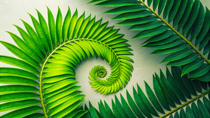 Exotic foliage arranged in fashion style spiral, showcasing vibrant green leaves that evoke sense of tranquility and nature beauty