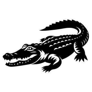 Black and white drawing of a stylized alligator lurking in the waters