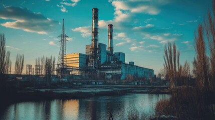 Naklejka premium Distant View of a Large Industrial Complex with Tall Chimneys by a Wide River Under a Partly Cloudy Teal Sky