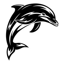 Elegant stylized black and white illustration of a dolphin jumping up gracefully