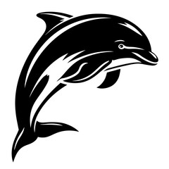 Black and white stylized dolphin jumping out of the water artwork