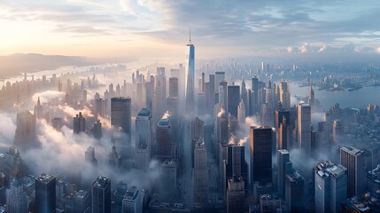 Aerial view of a city skyline blanketed by clouds during sunrise/sunset