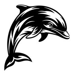 Monochrome tattoo style illustration of a dolphin leaping gracefully in the ocean © PixelArtBox