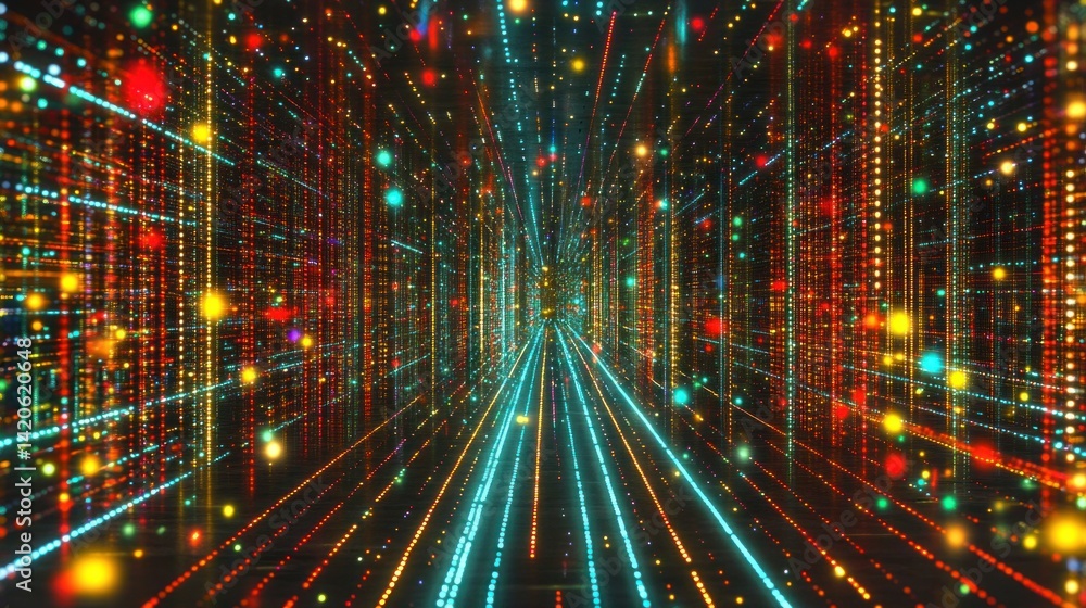Poster colorful lines and dots create a futuristic tunnel effect in image
