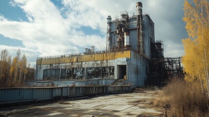 Abandoned Industrial Complex featuring Dilapidated Buildings and Overgrown Vegetation under a Cloudy Sky