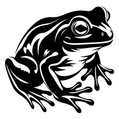 Monochrome illustration of a stylized tree frog, with bold design elements