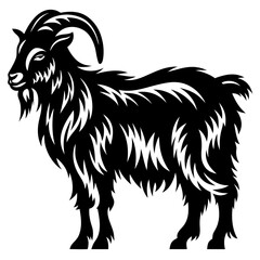 Stylized Vector Illustration of a Standing Black Goat with Curled Horns
