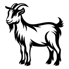 Black and White Graphic Illustration of a Standing Goat with Horns