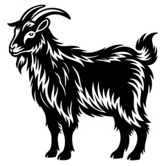 Monochrome Vector Image of a Goat with Detailed Fur and Horns