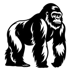Powerful Gorilla Silhouette in Black and White Illustration with Detailed Fur Texture