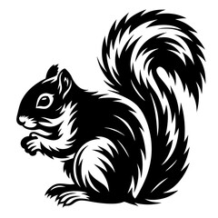 Black and white vector illustration of a cute squirrel holding food