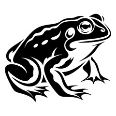 Stylized monochrome illustration of a frog in a modern tattoo design style