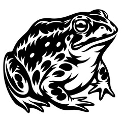 Stylized Black and White Graphic Illustration of a Frog with Intricate Patterns