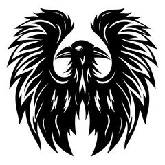 Majestic Raven Silhouette Spreading Wings Black and White Symbolic Design Illustration