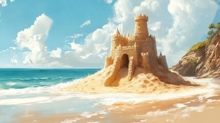 A Majestic Sand Castle Rests On a Sunlit Beach Shoreline