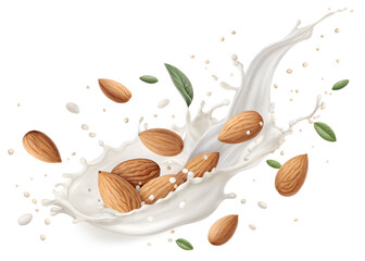 Almonds Splashing in Creamy Almond Milk – Isolated on White Background