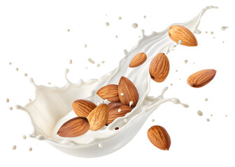 Almonds Splashing in Creamy Almond Milk – Isolated on White Background