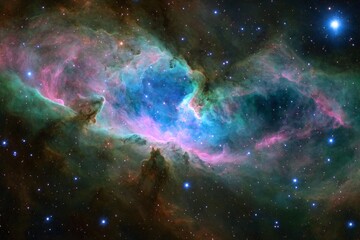 A serene stary night sky filled with shimmering stars, framed by a colorful nebula cloud in shades of green and blue
