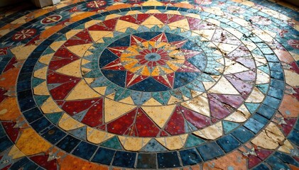 Fototapeta premium Intricate tile floor mosaic, geometric shapes, details, floor