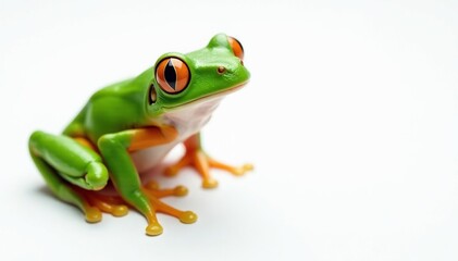 Obraz premium Green tree frog perched on white, vibrant skin, exotic, ecology, closeup