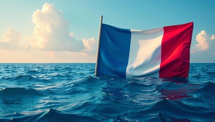 Illustration of France flag sinking in sea of debt with financial chart, crisis, France, chart
