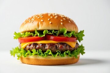 A juicy burger on a white background, sesame seeds visible, beef, hamburger, isolated