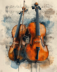 Fototapeta premium Violin and Cello on Vintage Sheet Music – Watercolor Illustration for Classical Music and Artistic Decor