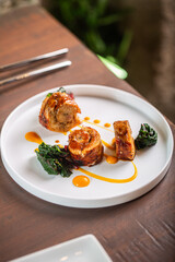 Culinary artistry on a plate showcasing gourmet dish with vibrant colors and textures, highlighting the beauty of fine dining experience and creativity in food presentation concept