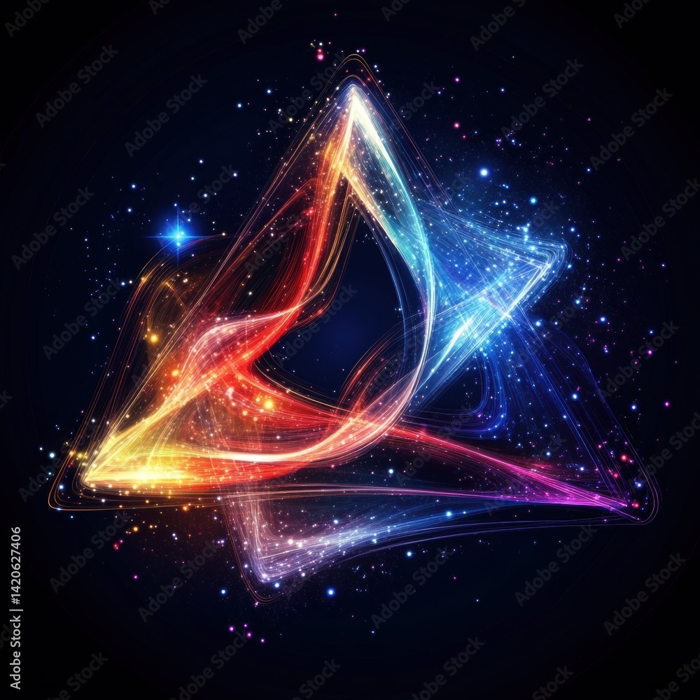 Poster abstract triangle shape of smooth flowing light trails with sparkling stars against a dark backgroun