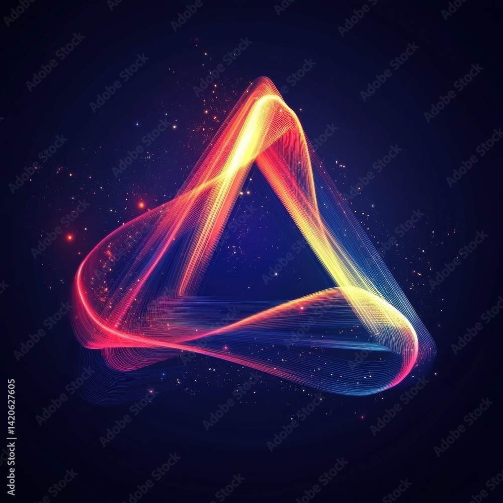 Poster abstract triangle shape with glowing lines and particle effects on dark background, illustration of 