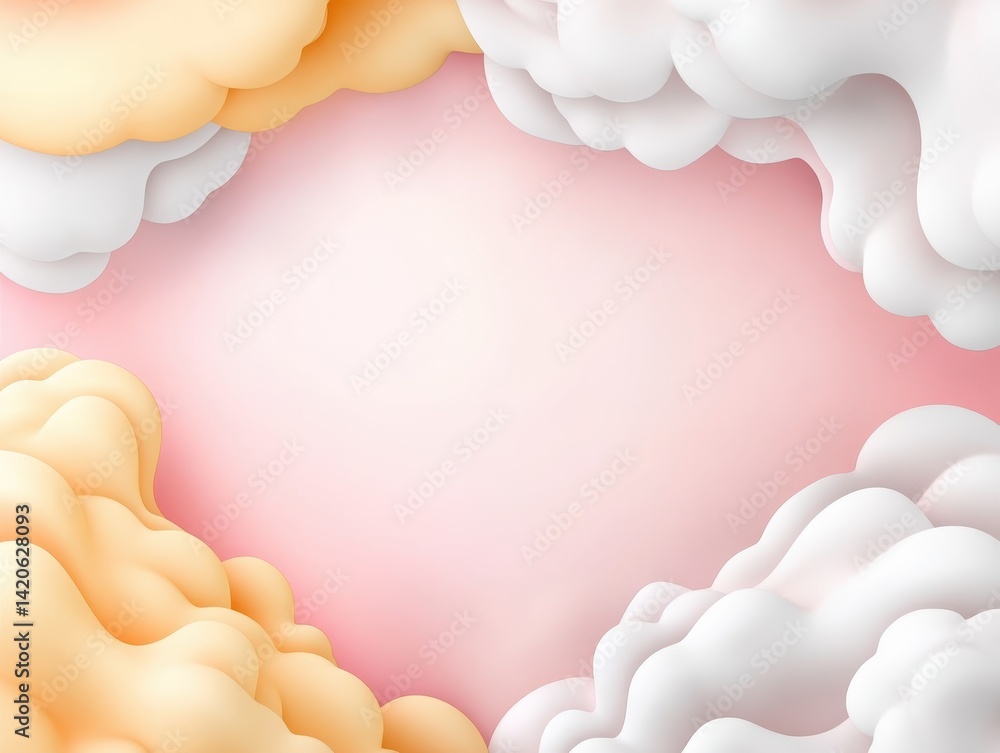 Poster abstract cloud-like shapes frame a soft pink background