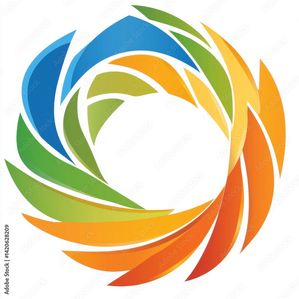 Poster abstract colorful circle made up of curved overlapping blades forming a round vortex on a white back