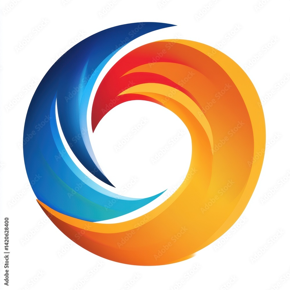 Poster abstract circular logo with vibrant gradient colors forming a flowing and dynamic swirl on a white b