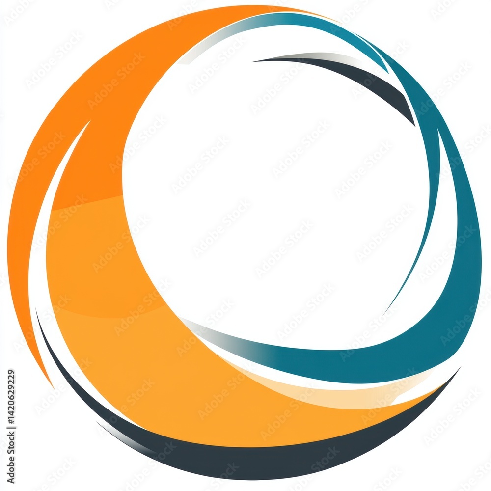 Poster dynamic circular design with orange and blue curving shapes creating a sense of flow and synergy for