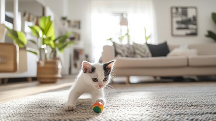 Adorable Kitten Playing with Toy Ball in Cozy Living Room