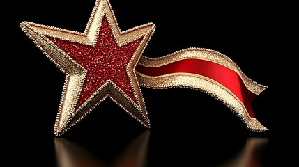 Shimmering star emblem with a bold red ribbon on sleek black backdrop