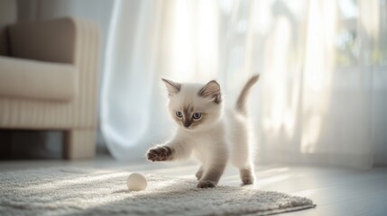 Adorable Ragdoll Kitten Playing with a Toy Ball in a Sunny Room