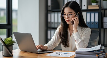 Fototapeta premium a businesswoman is working in the office while making a phone call.