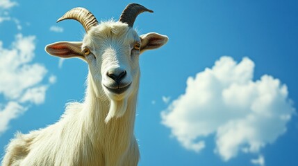 Naklejka premium Smiling goat portrait, sunny sky, farm background, animal stock photo