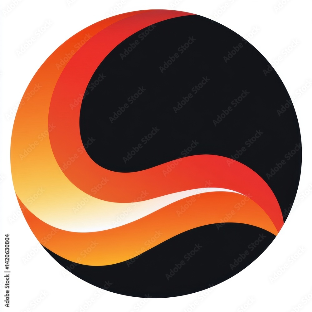 Poster abstract circular logo design with dynamic orange and red waves against a solid black background on 