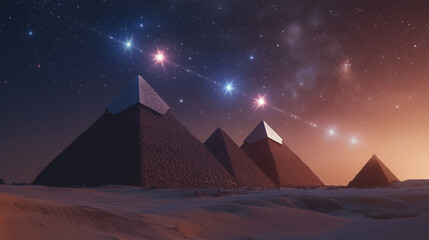 Ancient pyramids aligned with Orion constellation in mystical desert night  
