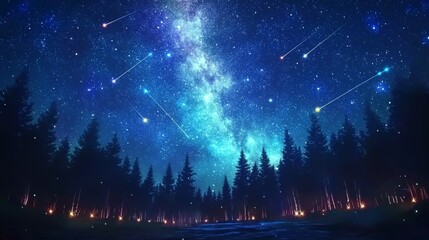 time-lapse of a night sky, featuring shooting stars and a radiant Milky Way, set above a forest landscape with glowing lights and silhouetted trees
