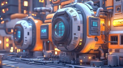 Futuristic technology modules in a vibrant, detailed setting