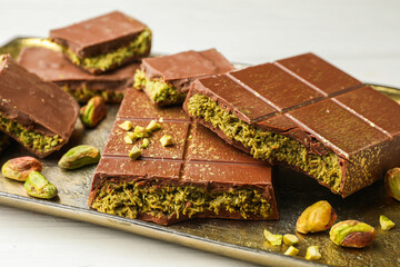 Pieces of Dubai chocolate bars with pistachios and knafeh on white table, closeup