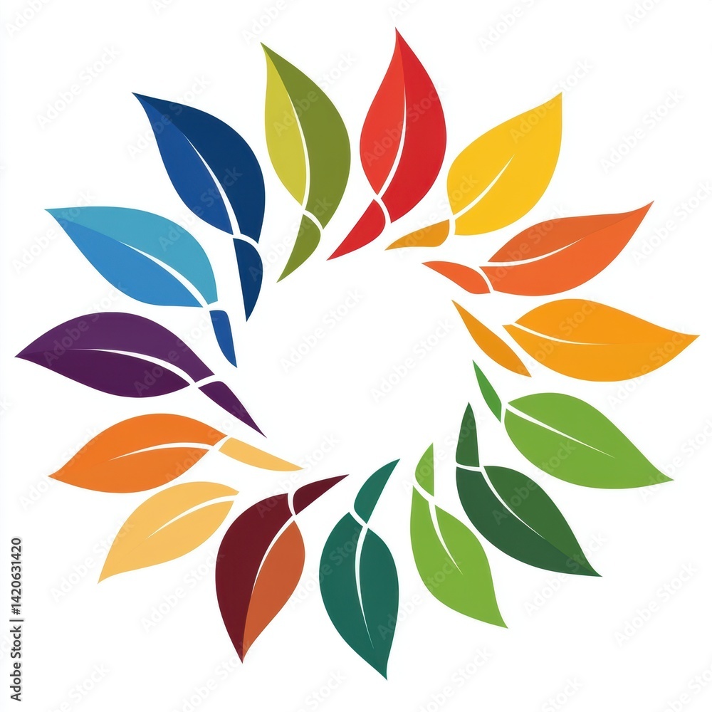 Poster abstract colorful leaves in a circle formation with white background, creating a vibrant and eye-cat