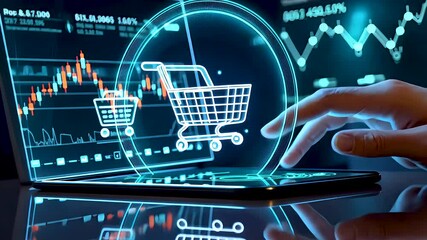 Online shopping interface with glowing cart icon and futuristic stock chart - Powered by Adobe