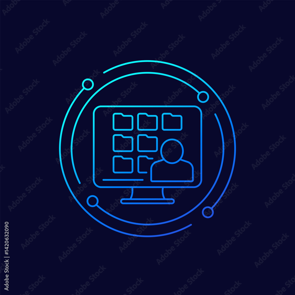 Aufkleber user files, personal data in folders icon with a computer, linear design