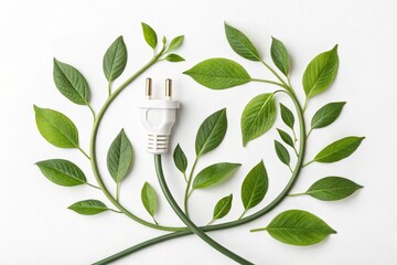 Renewable energy, sustainability, ecology concept. Power plug with green leaves over white background - generated by ai