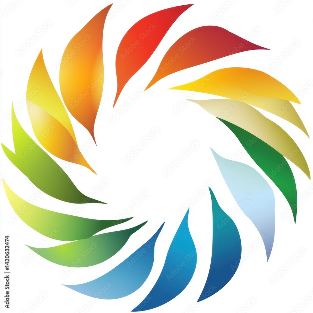 Poster abstract colorful swirl of leaf shapes in a vibrant gradient pattern arranged in a circular design a